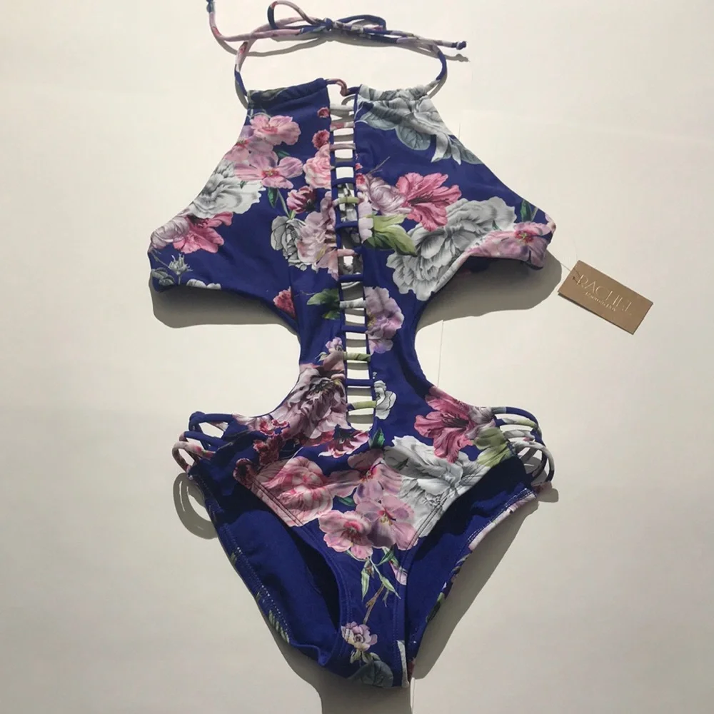 Rachel Roy one piece bathing suit XS NEW NWT blue flora removable padding